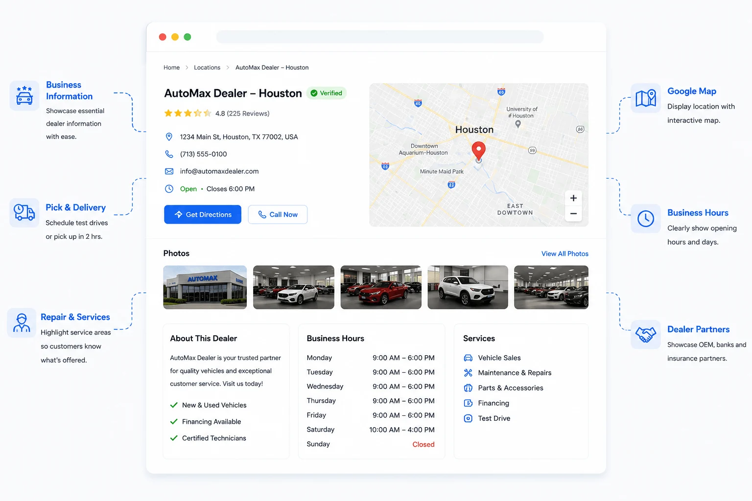 Location page preview with map, business info, photos and services