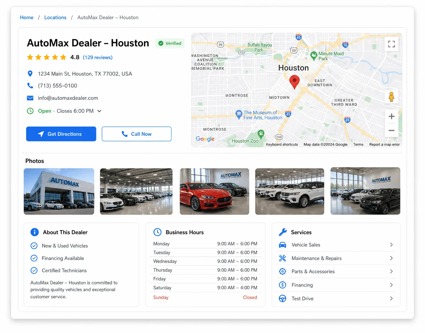 Location page preview with map, business info, photos and services