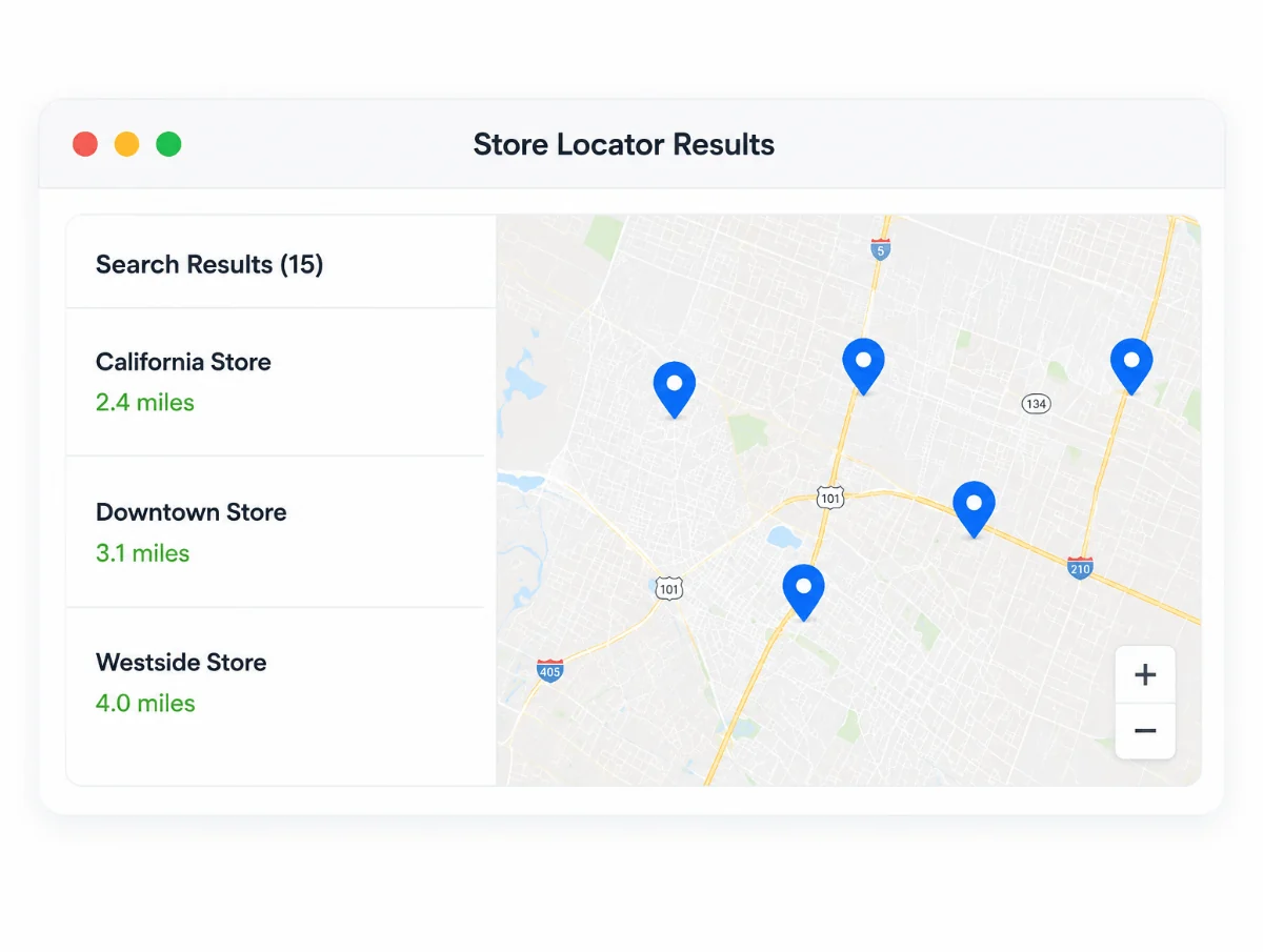 Store locator results with map and store list