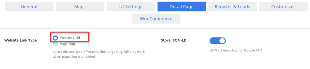 Add a Site Link in Store Locator List 2 website field selection