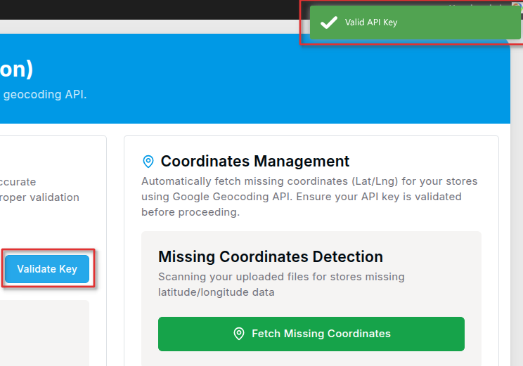 Import/Export Stores Data 2 validate api key