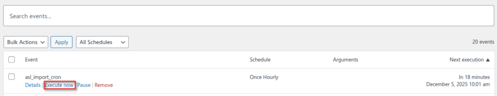 Configuring the WordPress Schedule for Automatic Stores CSV Import 2 execute import cron