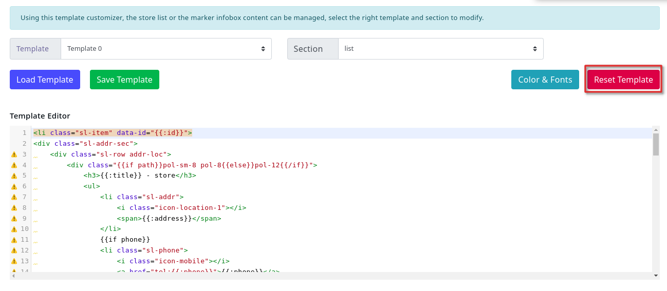 Reset the List/Infobox Template - Agile Store Locator WordPress Plugin