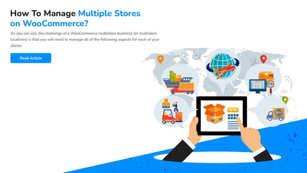 WooCommerce Multistore: An Ultimate Guide to Handle WooCommerce Stores and Products 3 icons of various commerce related subjects.