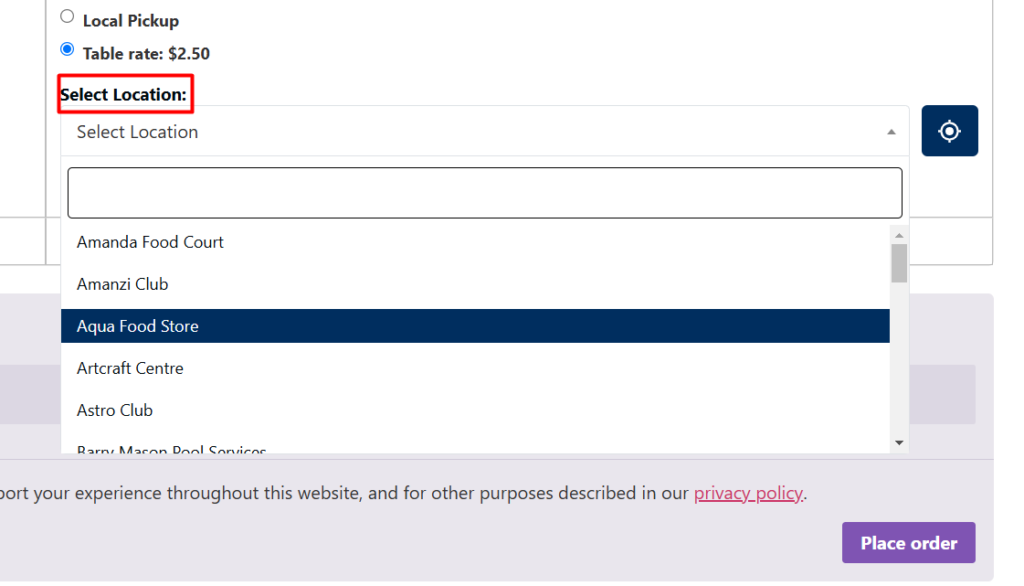Store Selection at Check out Page 5 dropdown selection