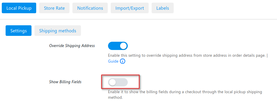 Enable/Disable Billing Fields for Local Pickup 1 Show Billing Fields
